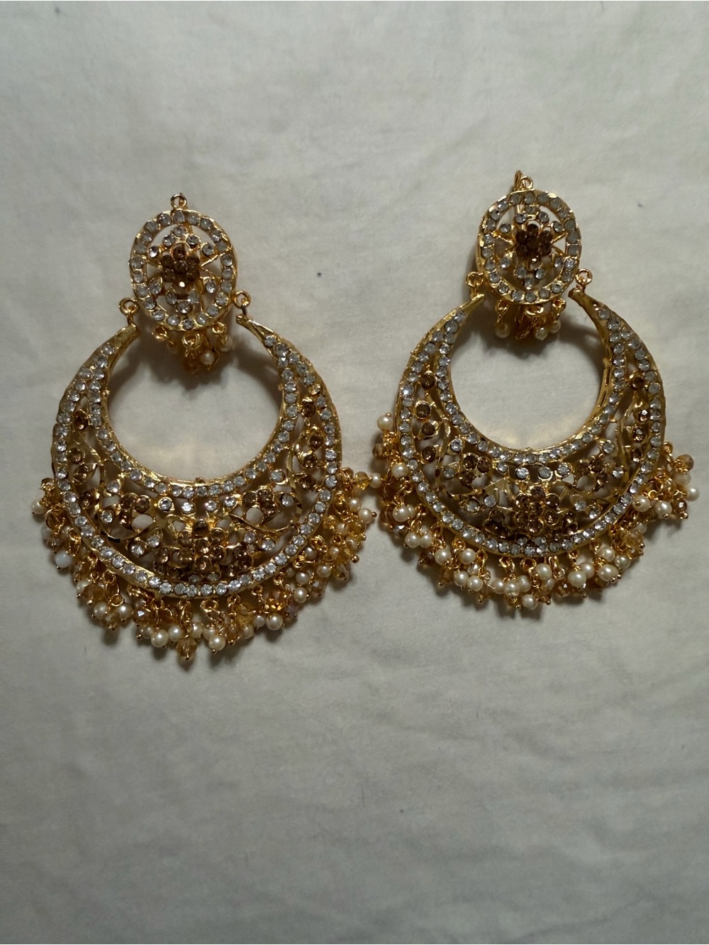 Salwar Kameez Gold Crystal & Pearl Chandbali Earrings